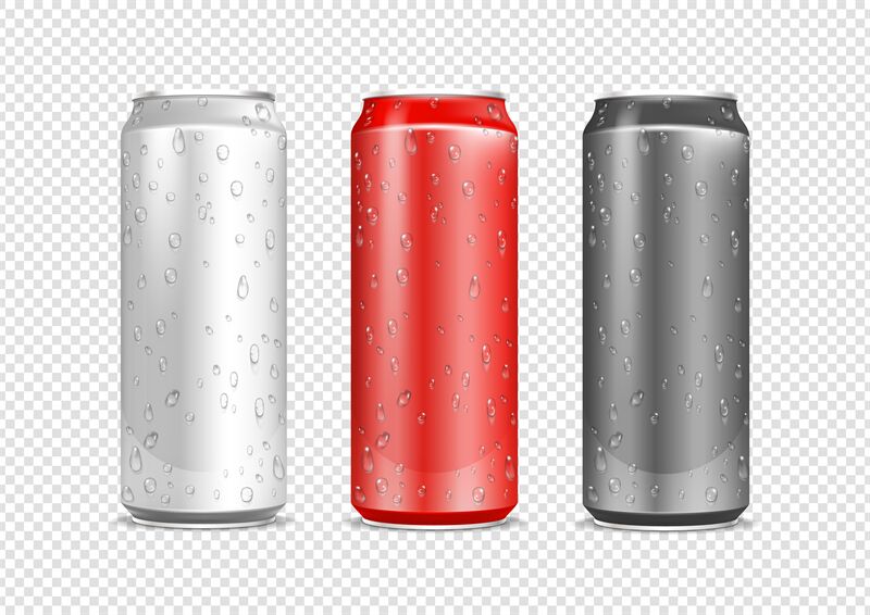 Aluminium cans. Realistic water drops on drink package. Red and metal ...