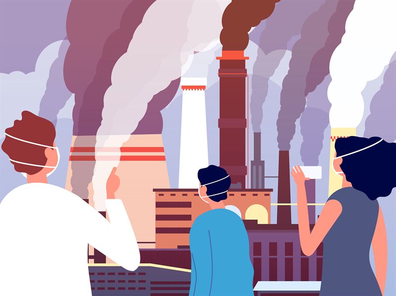 Air pollution. People look at factories produce smoke from pipes. Crit ...