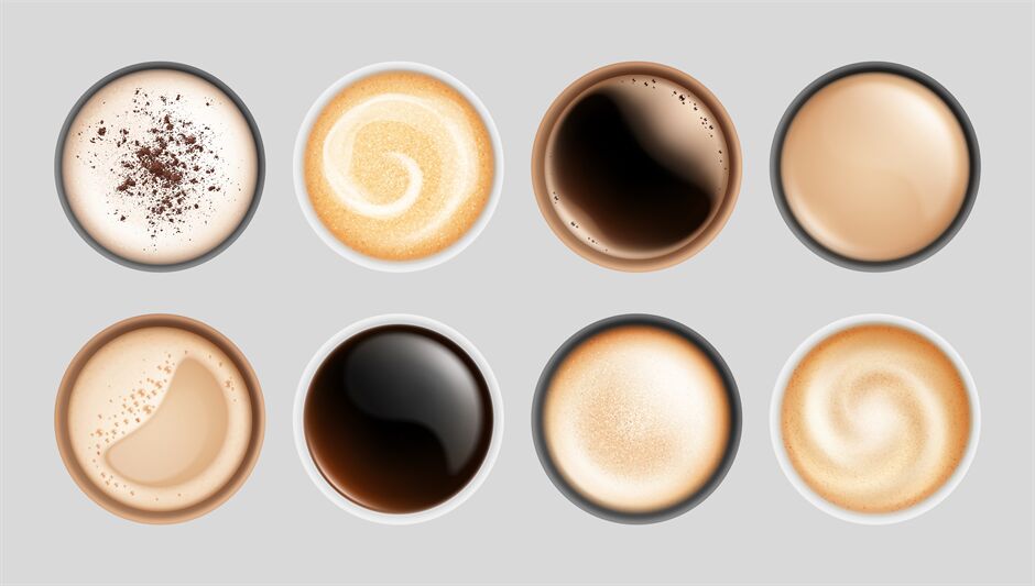 Realistic Different Sorts Coffee White Cups View Top Side Latte