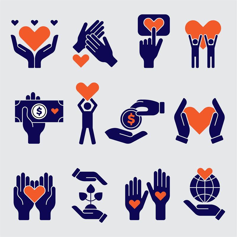 Donation And Volunteer Work Icons. Symbols Or Logo Of Human Care,  Assistance For Health, Help And Hope Sign, Medical Charity And Blood  Giving. Flat Design Elements In Red Color. Royalty Free SVG