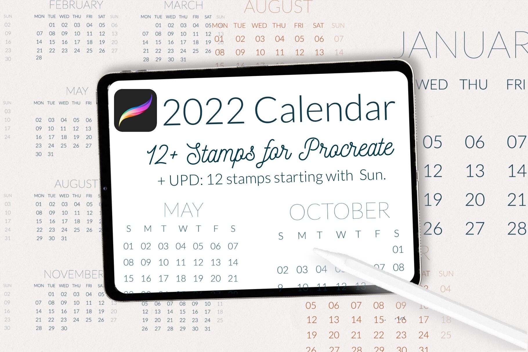 2022 Calendar Planner Procreate stamps, digital planner ipad By