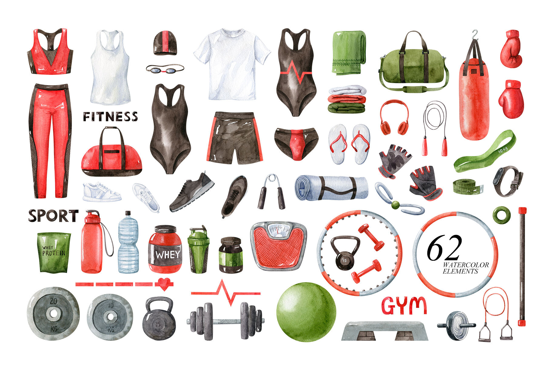 Premium Vector  Fitness equipment watercolor clipart set gym accessories  female training clothes nutrition