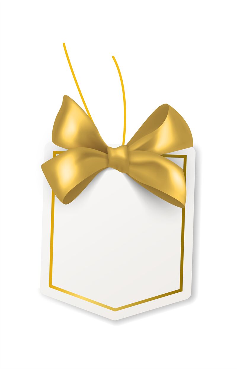 Tags with gold bows. Blank white price paper labels with golden ribbon By  YummyBuum