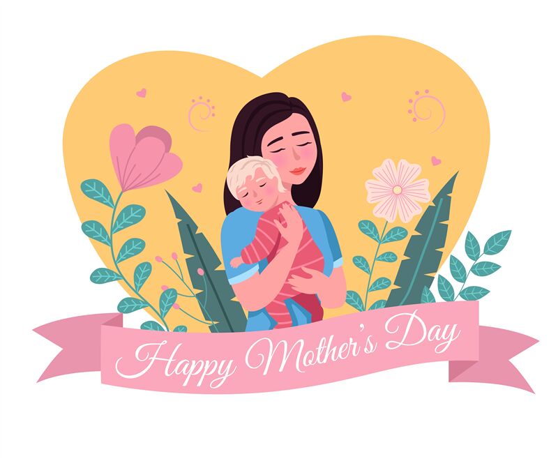 Happy mother day. Cartoon postcard. Loving mom holding child, woman hu ...