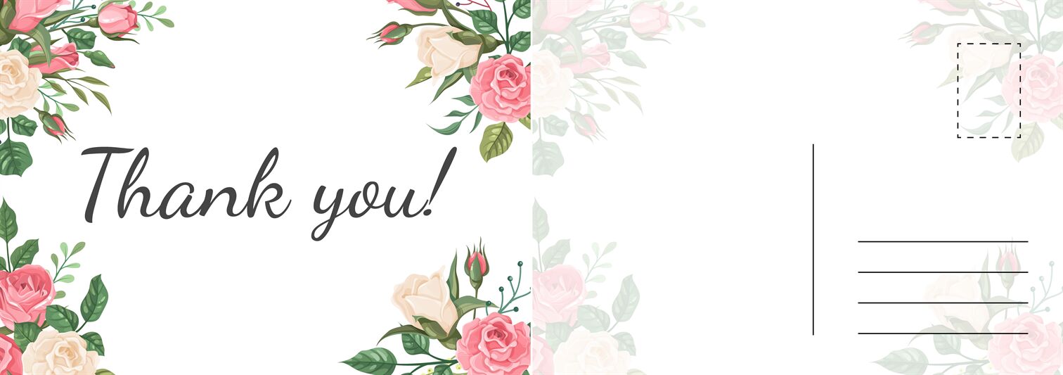 Thank you roses card. Garden pink and white rose flowers and green lea ...