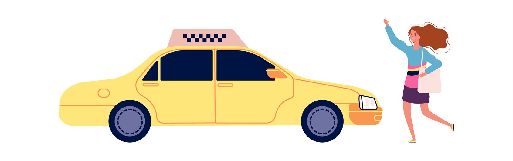 Girl catches taxi. Happy cartoon female with bag stops yellow auto. Is By  ONYX | TheHungryJPEG
