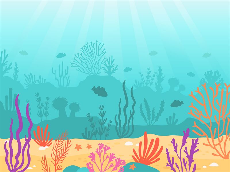 Underwater background. Cartoon seascape with coral reef, sand, seaweed ...