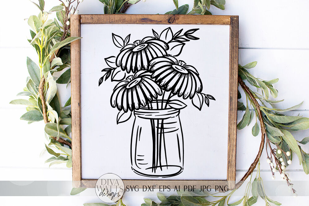 Download Daisy Mason Jar Flower Arrangement Svg Farmhouse Daisies Sign Svg By Diva Watts Designs Thehungryjpeg Com