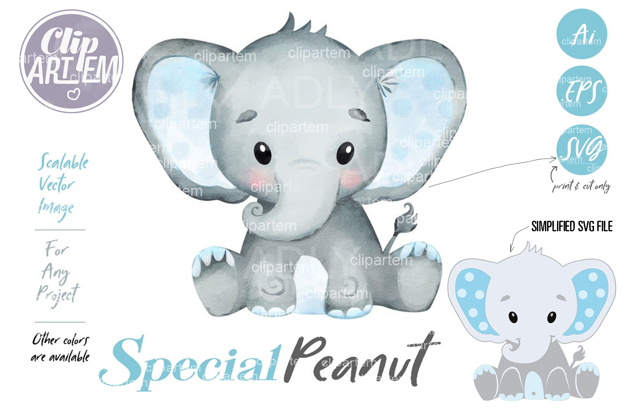 Special Peanut Blue Boy Elephant Svg Vector Watercolor Images By Clipartem Thehungryjpeg Com