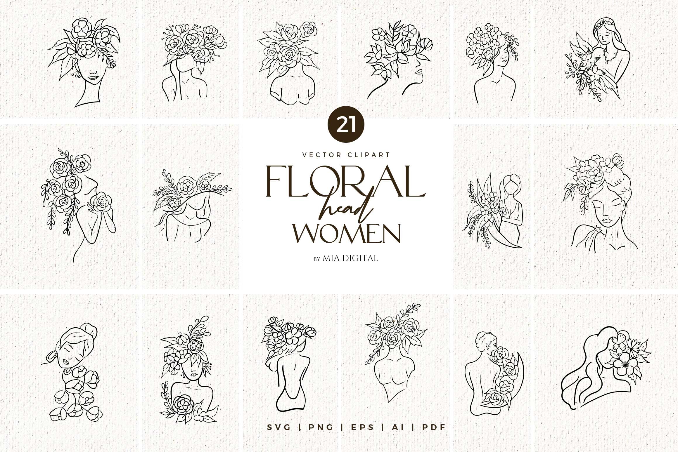 Download Floral Head Women Svg Clip Art Black Line Art Girl With Flowers By Mia Digital Thehungryjpeg Com