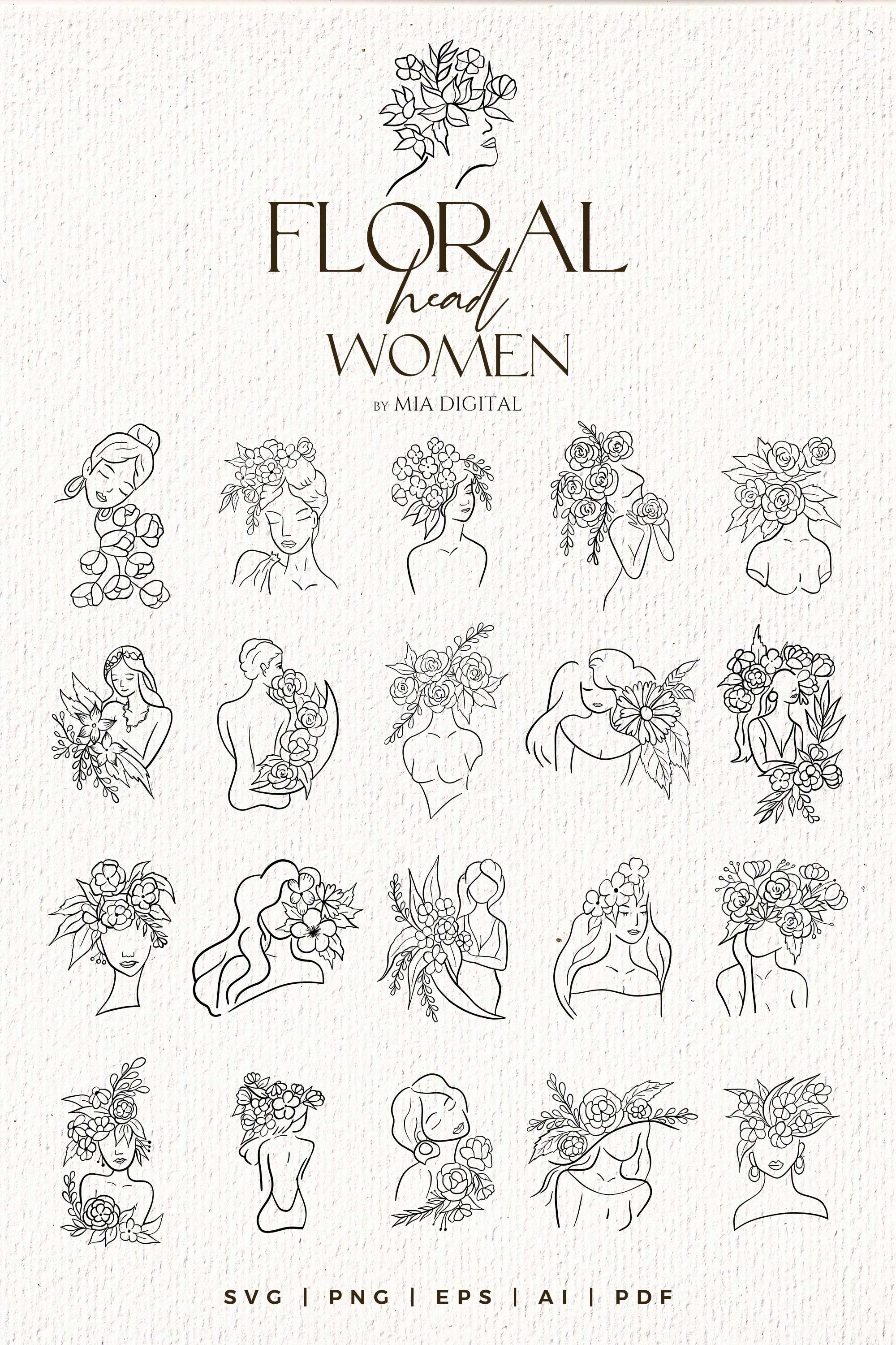 Download Floral Head Women Svg Clip Art Black Line Art Girl With Flowers By Mia Digital Thehungryjpeg Com