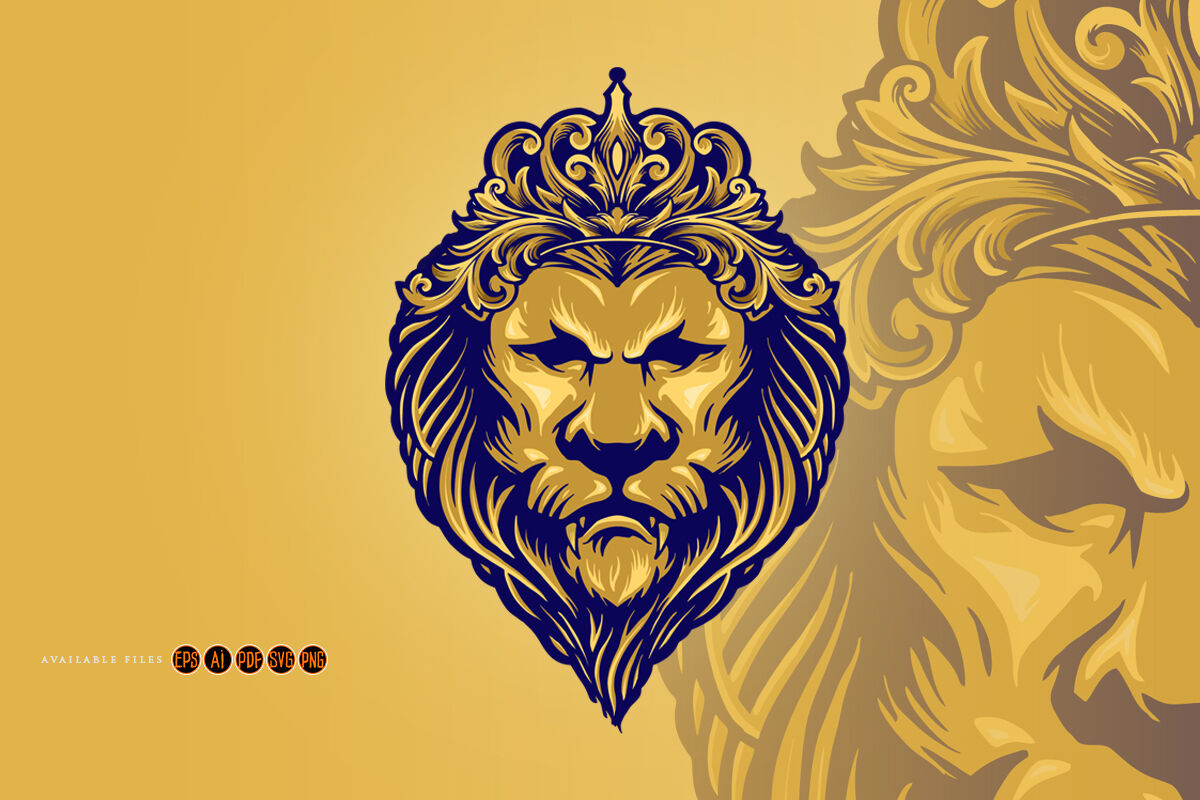 Download Vintage Gold Lion King With Ornament Crown Svg Illustrations By Artgrarisstudio Thehungryjpeg Com