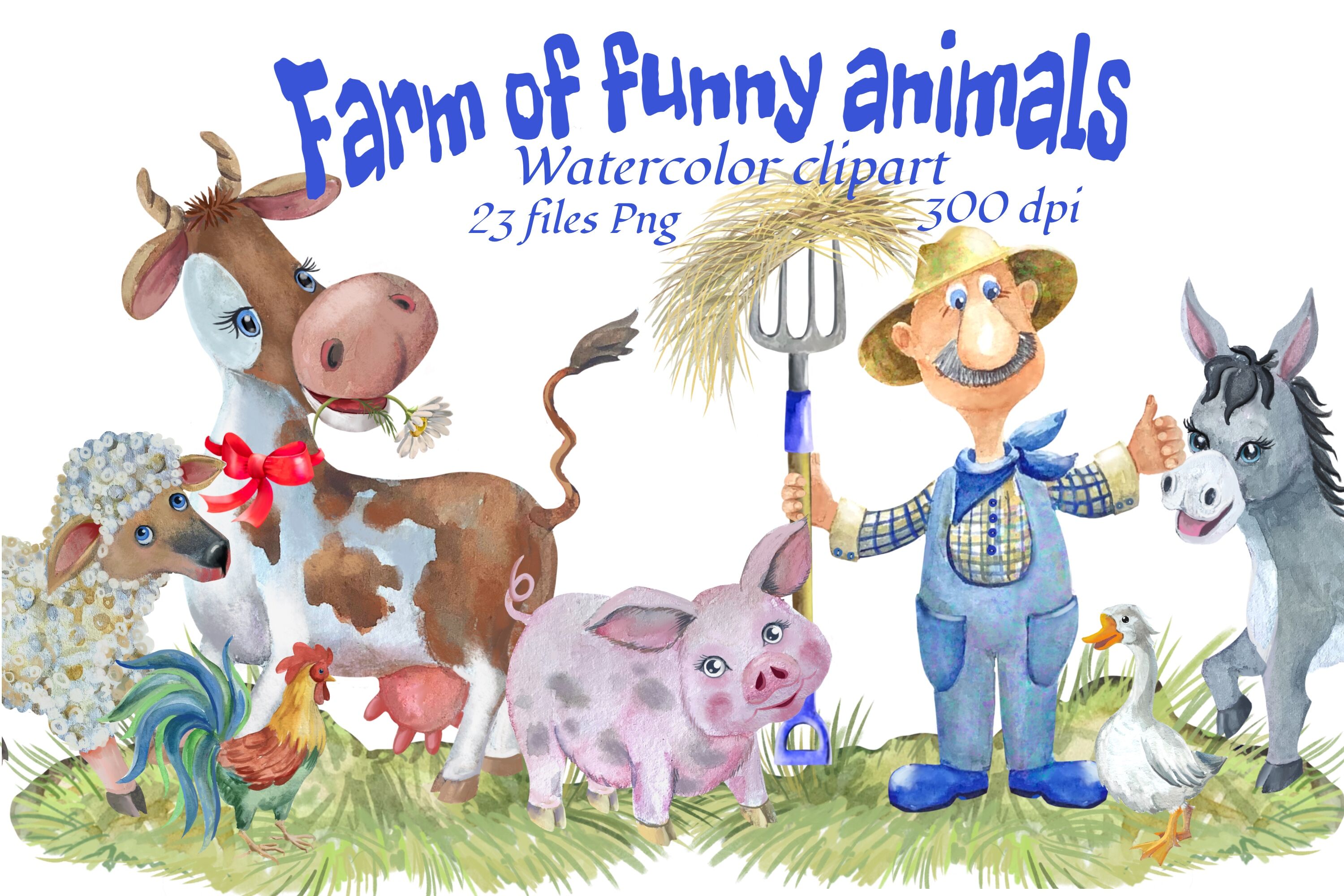 Farm Funny Animals Watercolor Clipart By Marine Universe Thehungryjpeg Com