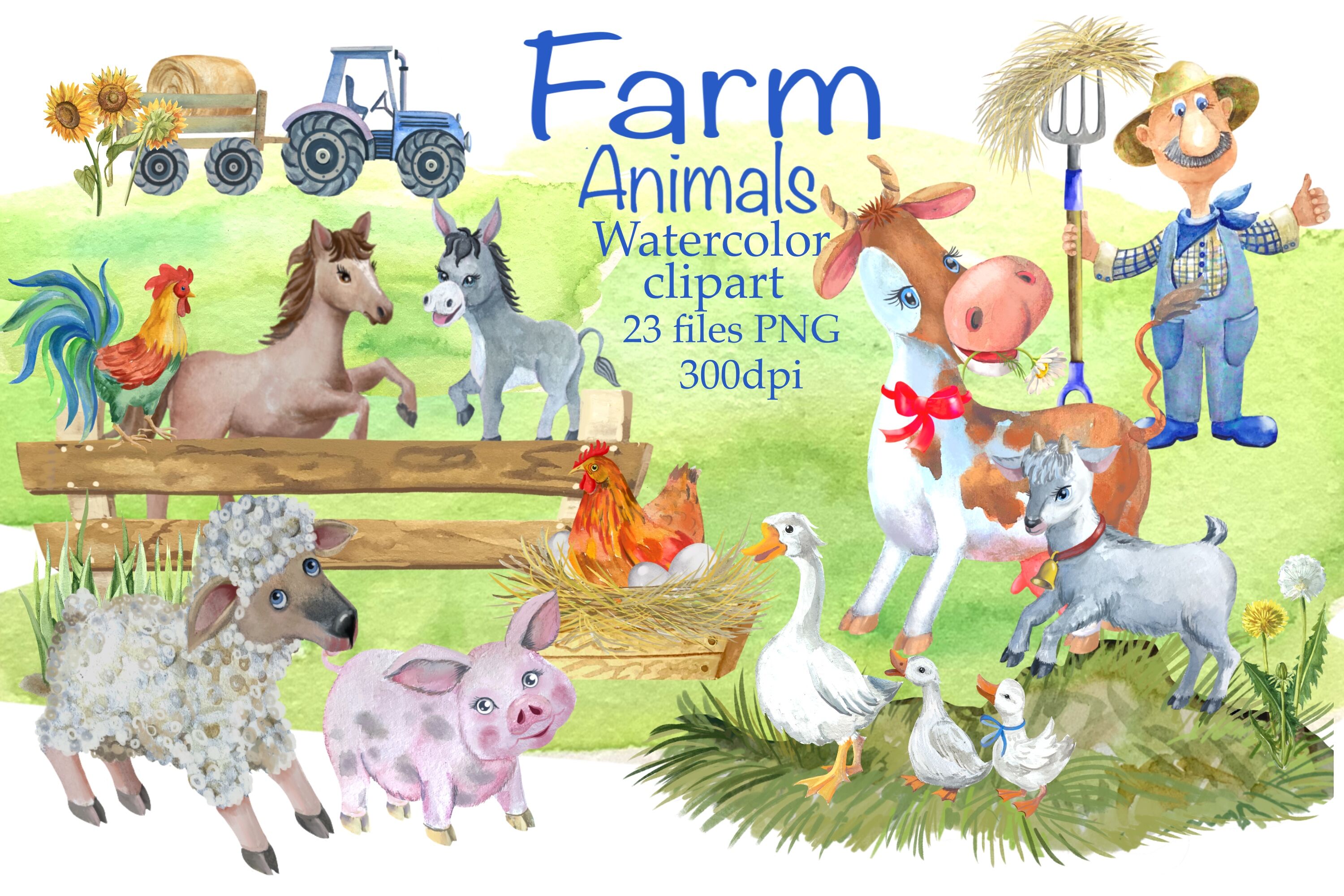 Download Farm Funny Animals Watercolor Clipart By Marine Universe Thehungryjpeg Com