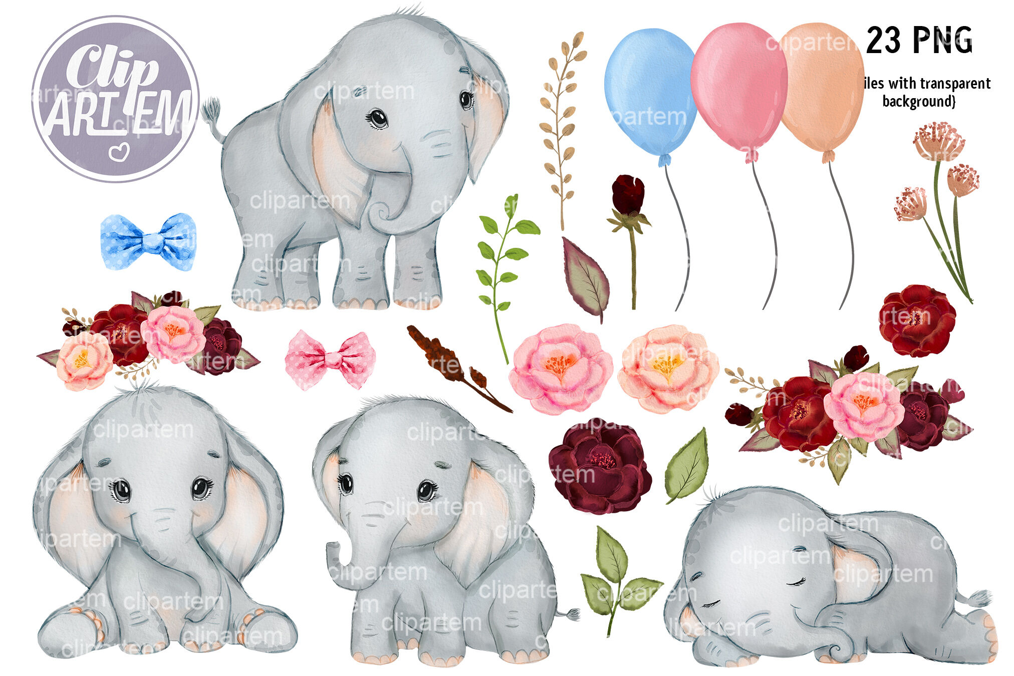 23 Watercolor Clip Art Unisex Elephant PNG Bundle By clipArtem ...