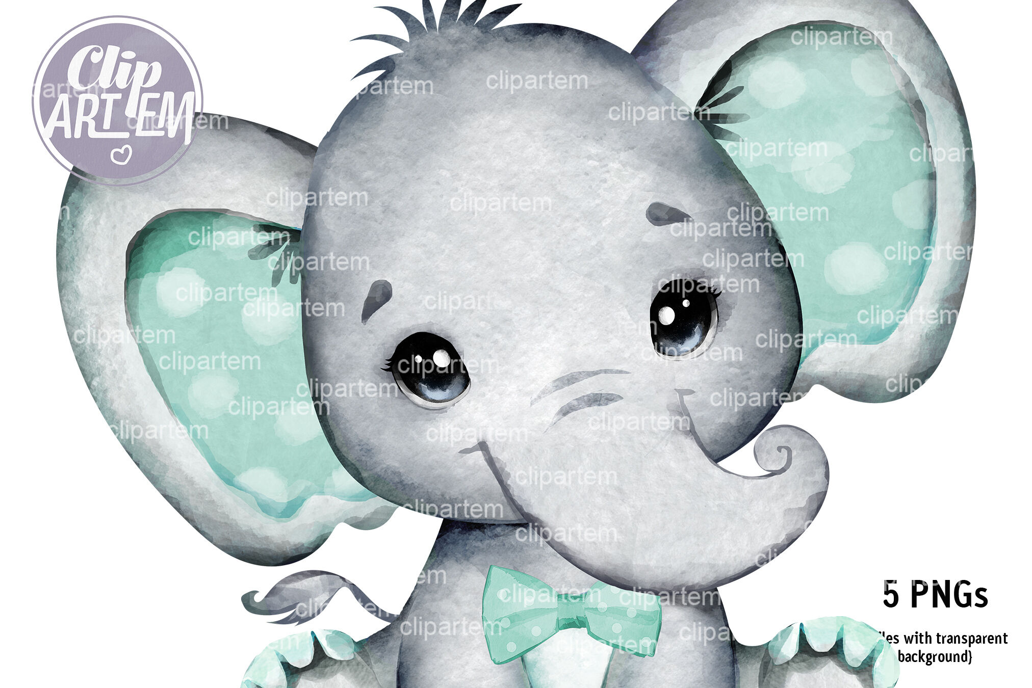 Mint Boy Girl Unisex Elephant with bow tie, PNG clip art set By