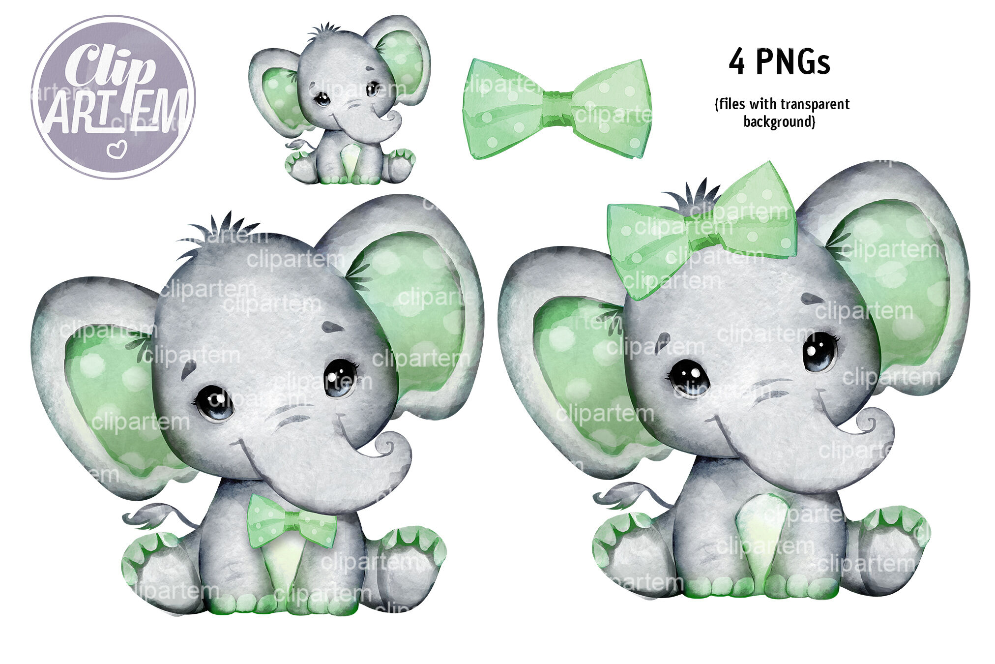 Cute Boy Girl Elephant Sage Green Watercolor Png By Clipartem Thehungryjpeg Com