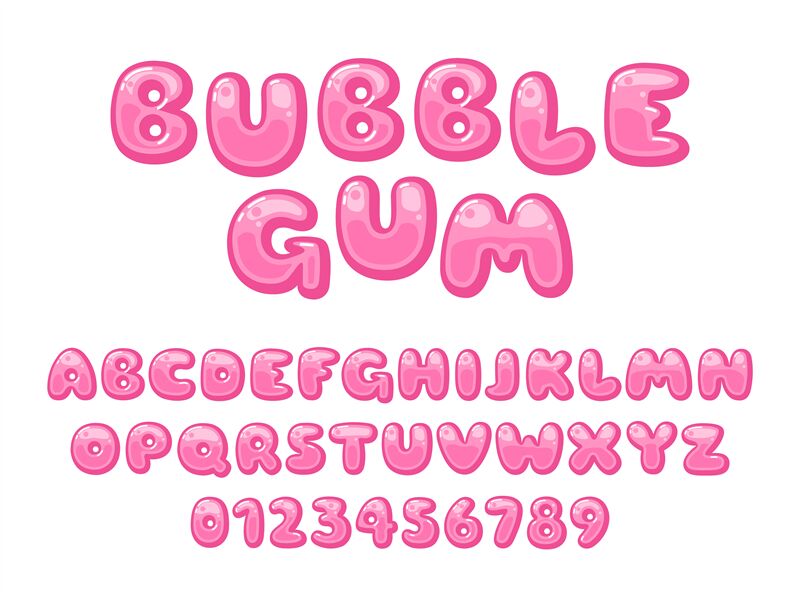 Bubble gum font. Pink sweet candy latin alphabet, kids letters and num ...