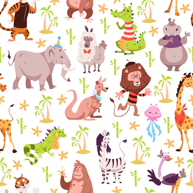 Childish animals seamless pattern. Cute summer wild fauna background, By  YummyBuum | TheHungryJPEG