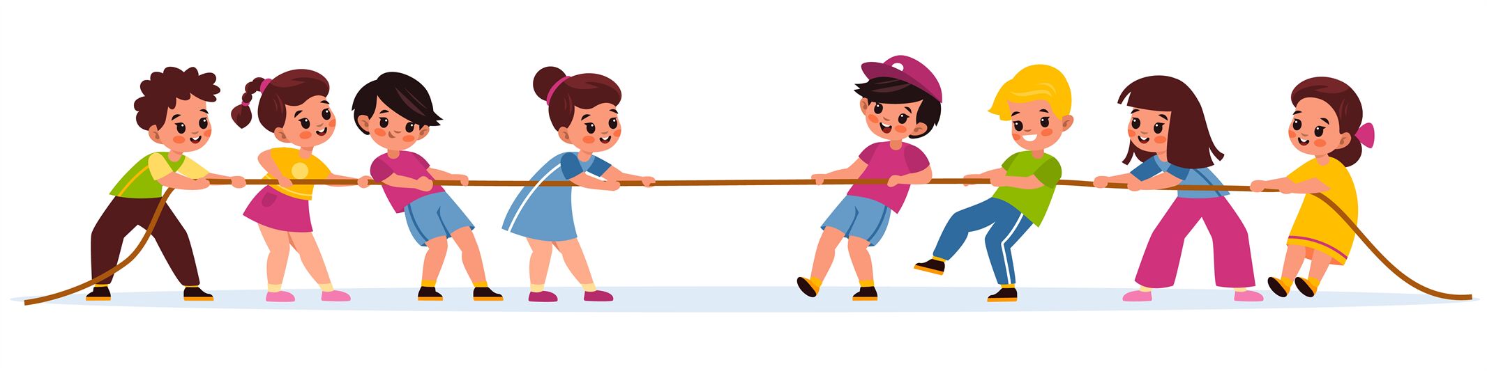 Kids pulling rope. Team game tug of war, children groups competition, By  YummyBuum