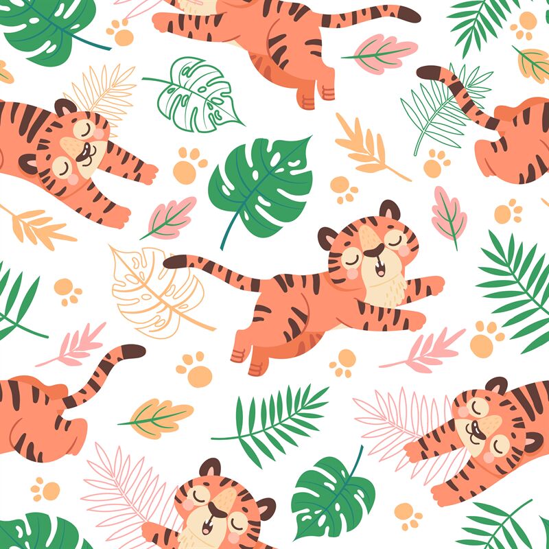 Baby tiger seamless pattern. Cute childish cartoon tigers, paw prints By  Tartila | TheHungryJPEG