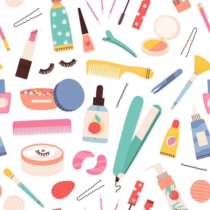 Makeup cosmetic seamless pattern. Beauty skin and hair care products a 