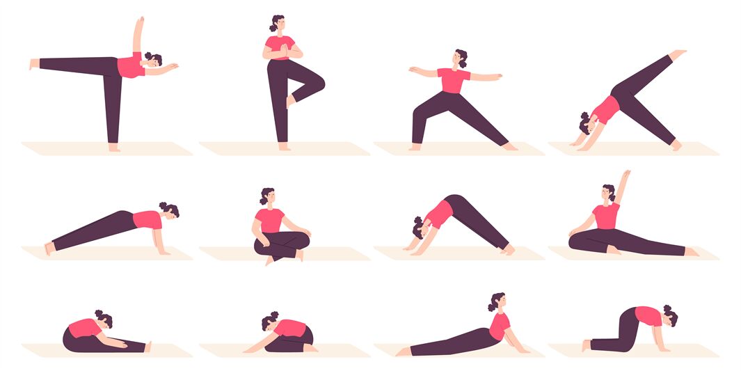 Woman in yoga poses. Female cartoon character do fitness stretch exerc By  Tartila | TheHungryJPEG