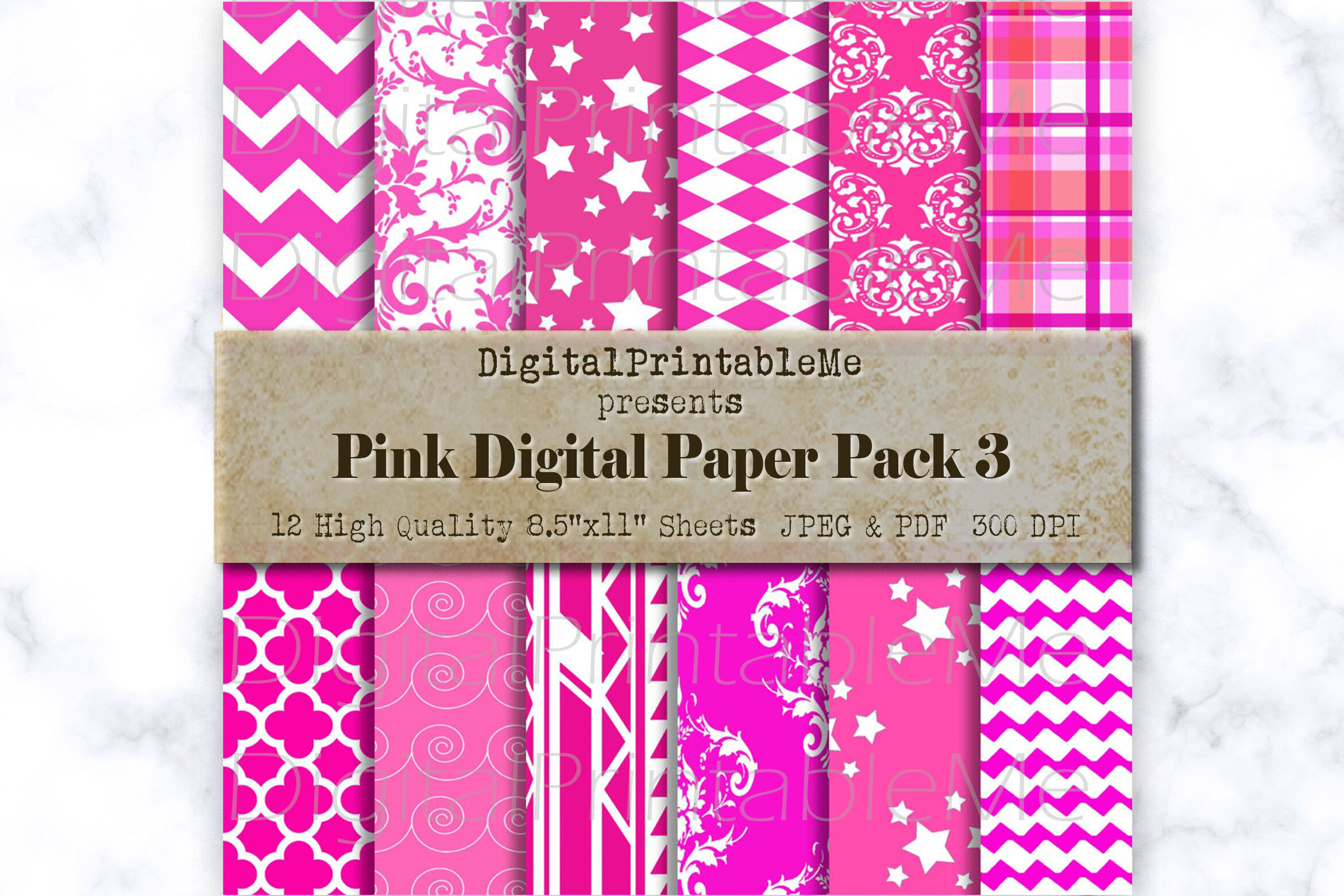 Hot Pink Pattern Digital Paper, White Fuchsia, Scrapbook Pack