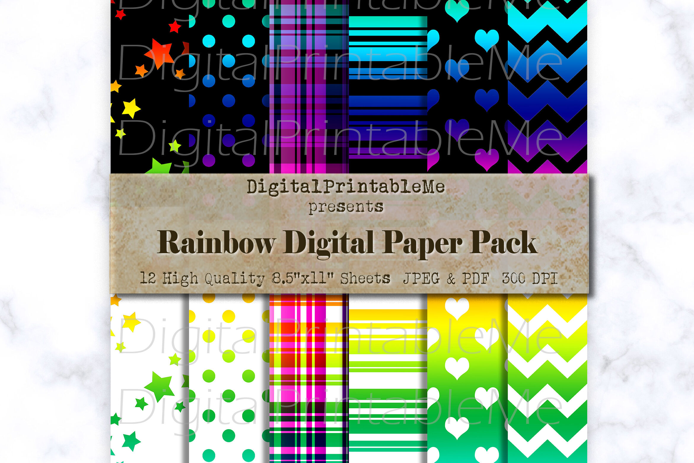 rainbow digital paper patterns black white scrapbook printable bundle by digitalprintableme thehungryjpeg com