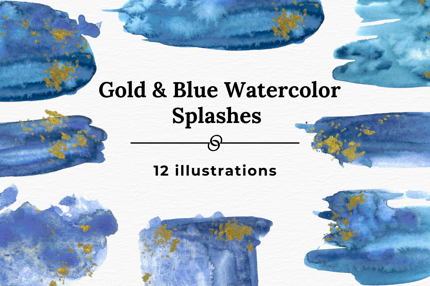Blue and gold ink watercolor splash collection By Old Continent