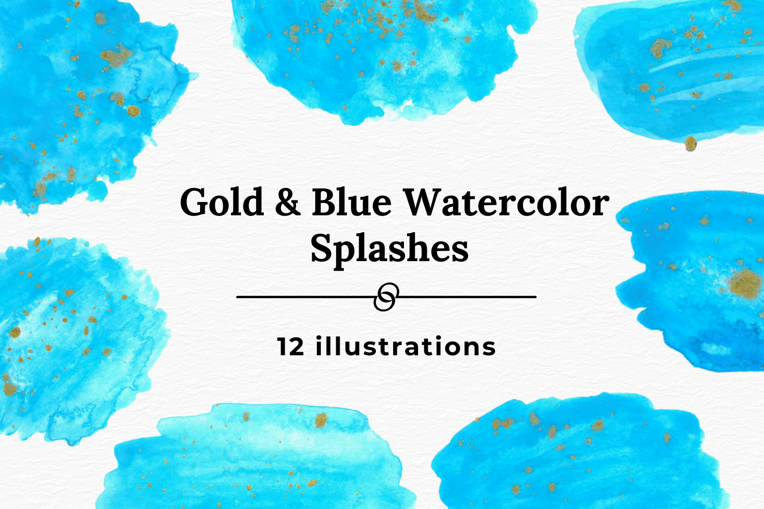 Light blue and gold ink watercolor splash collection By Old