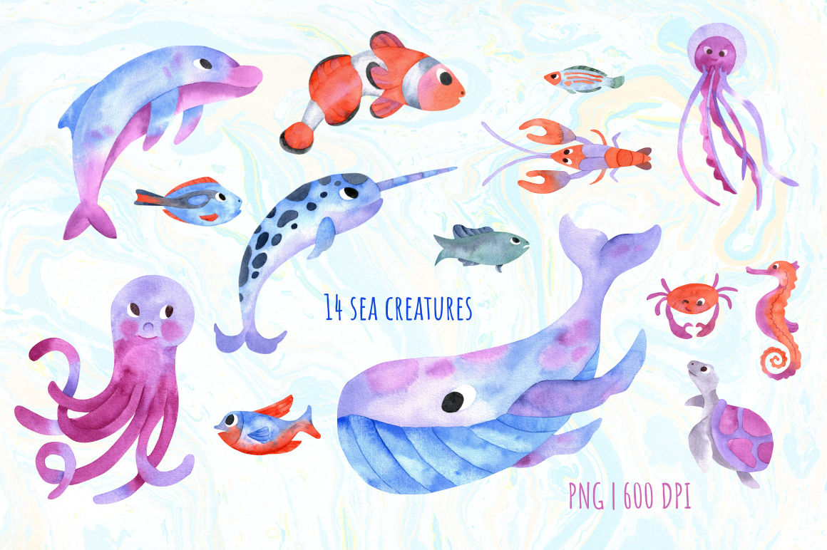 Under the Sea Watercolor Clipart. Ocean animals PNG By June Color |  TheHungryJPEG