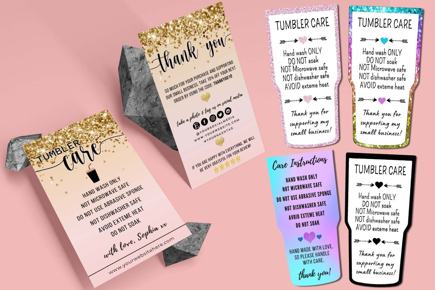 Editable Cup Care Card Template, Printable Tumbler Care Card Template,  Tumbler Packaging Insert, Tumbler Care Instructions Canva Template 