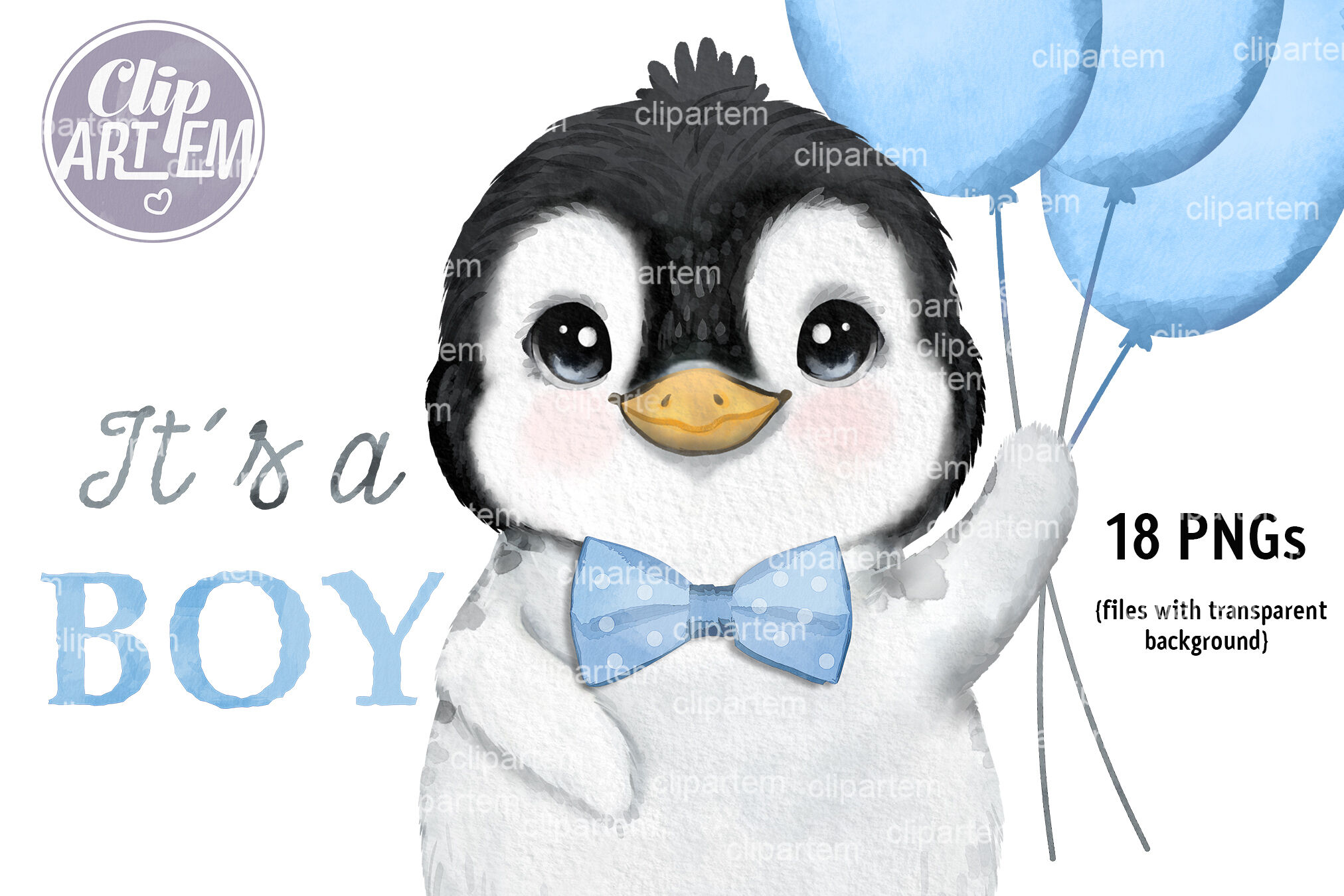 Cute Baby Penguin Sleeping on the Crescent Clipart Set, Watercolor