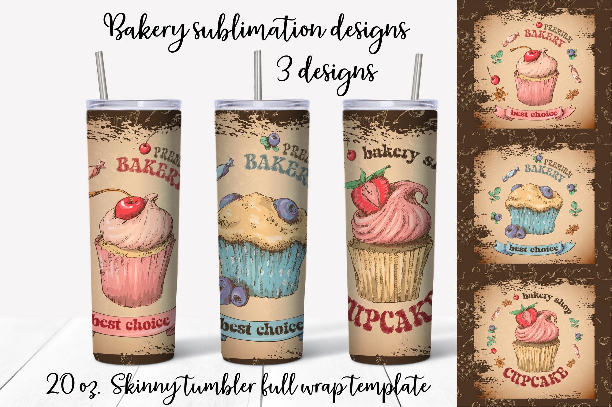 Bakery sublimation design. Skinny tumbler wrap design. By Yuliya Art