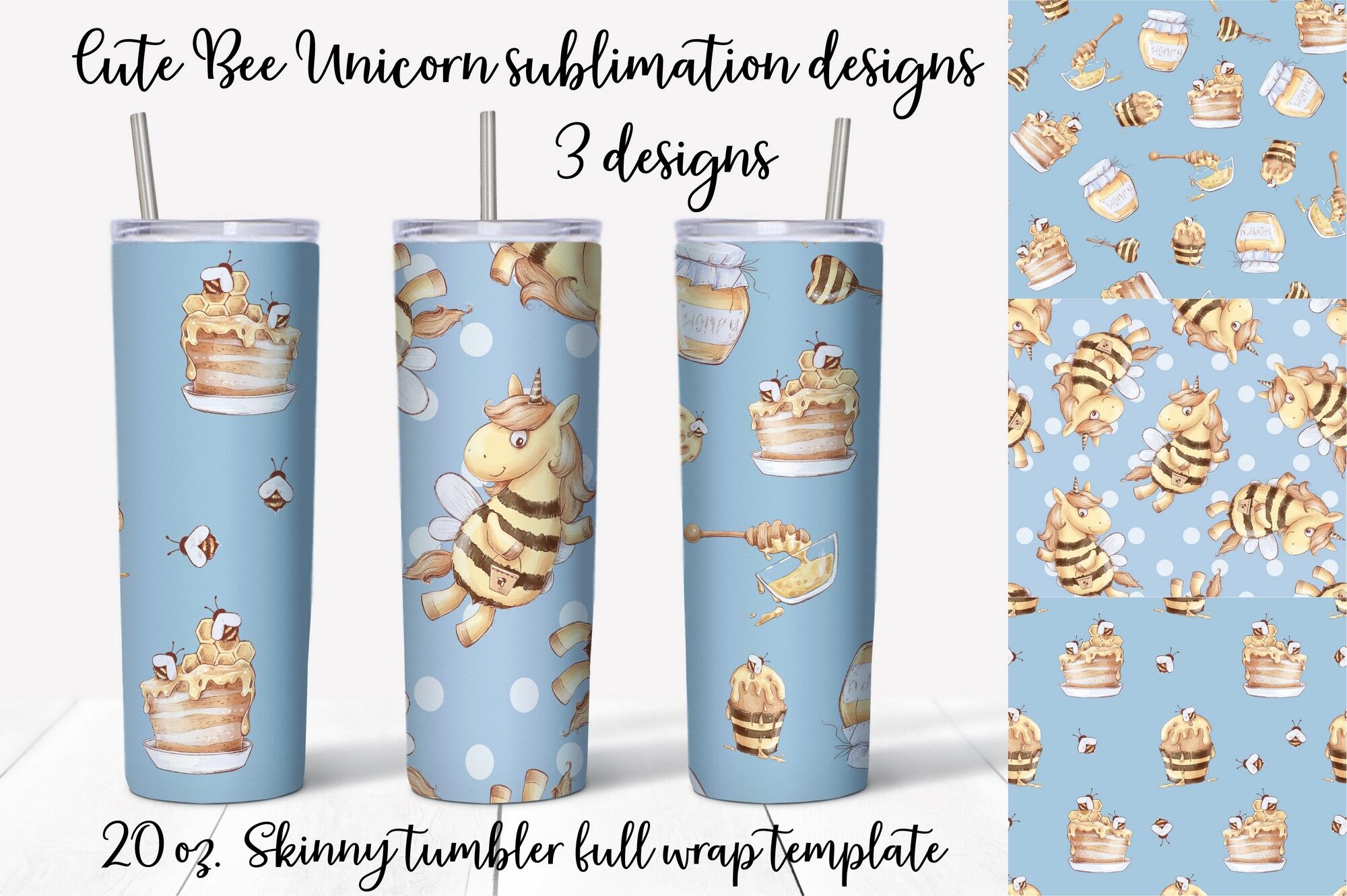 Cute Bee Unicorn sublimation design Skinny tumbler wrap design By