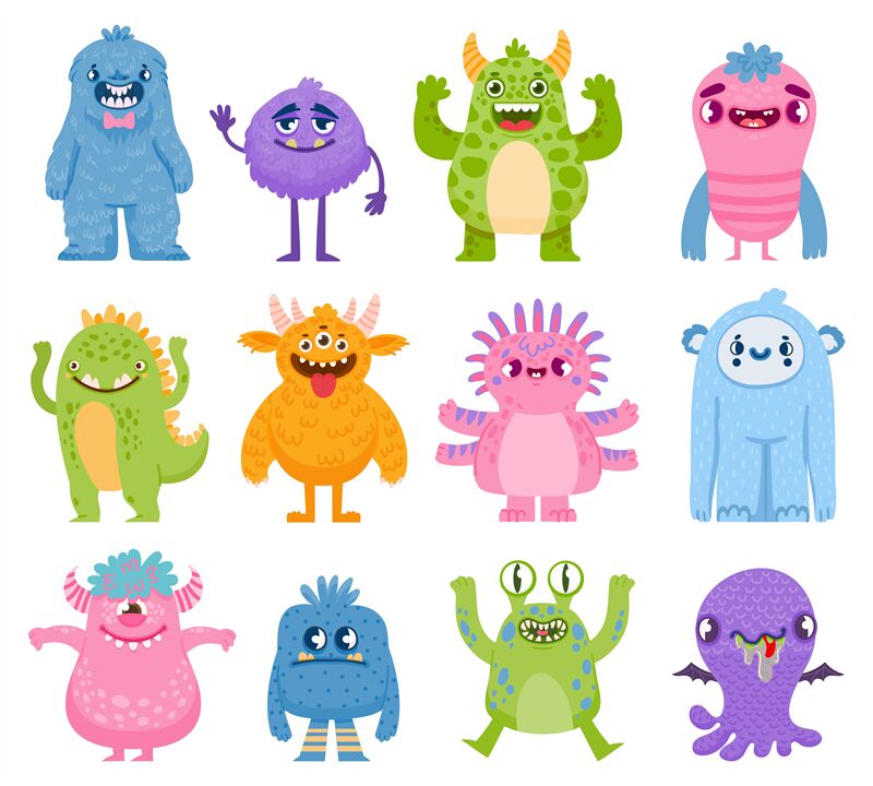 Funny monsters. Cartoon cute and scary creatures with horns and teeth ...