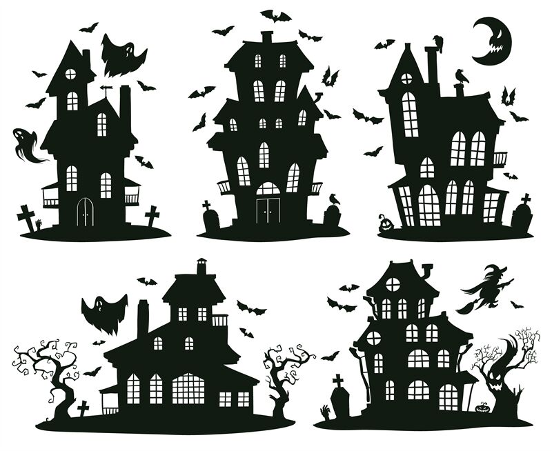 Halloween haunted houses. Cartoon spooky halloween ghost castles, mons ...
