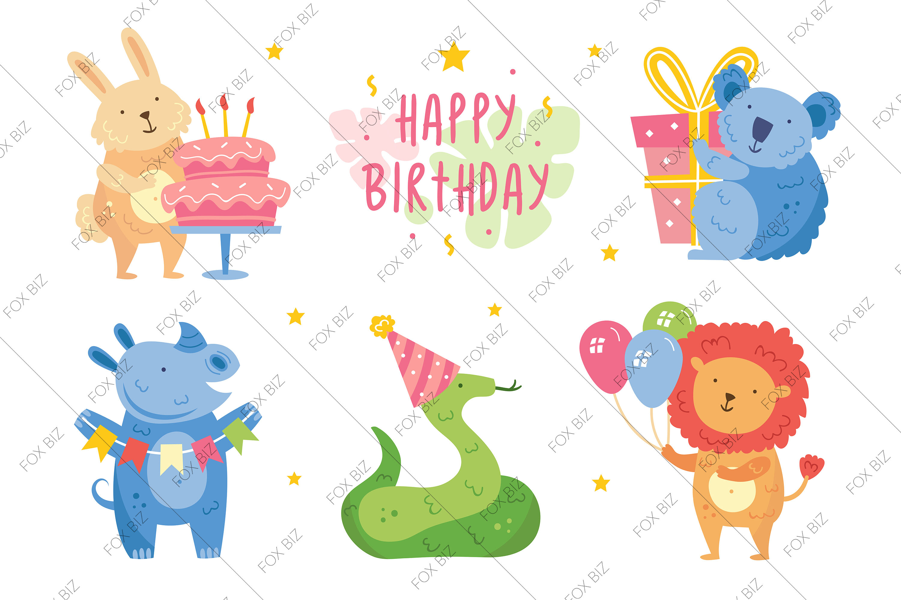 Happy Birthday party animals vector cliparts stickers By Fox Biz ...