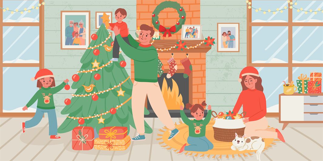 Family celebrate christmas at home. Parents and children decorate