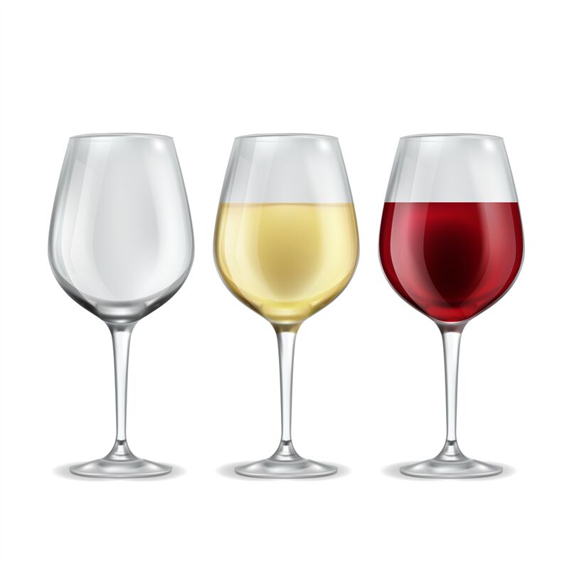 Wine glass. Empty with red or white grape beverage glasses, half fille ...