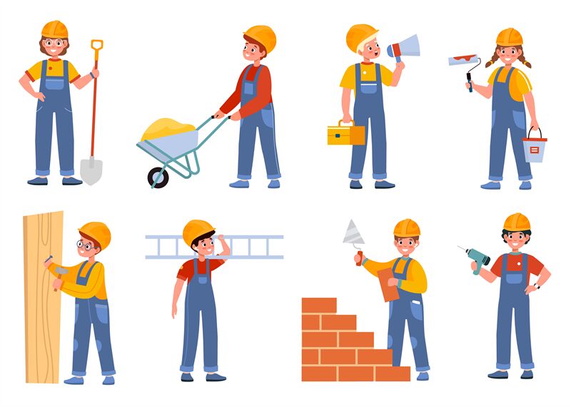 Children builders. Engineer characters kids, worker professionals in o ...