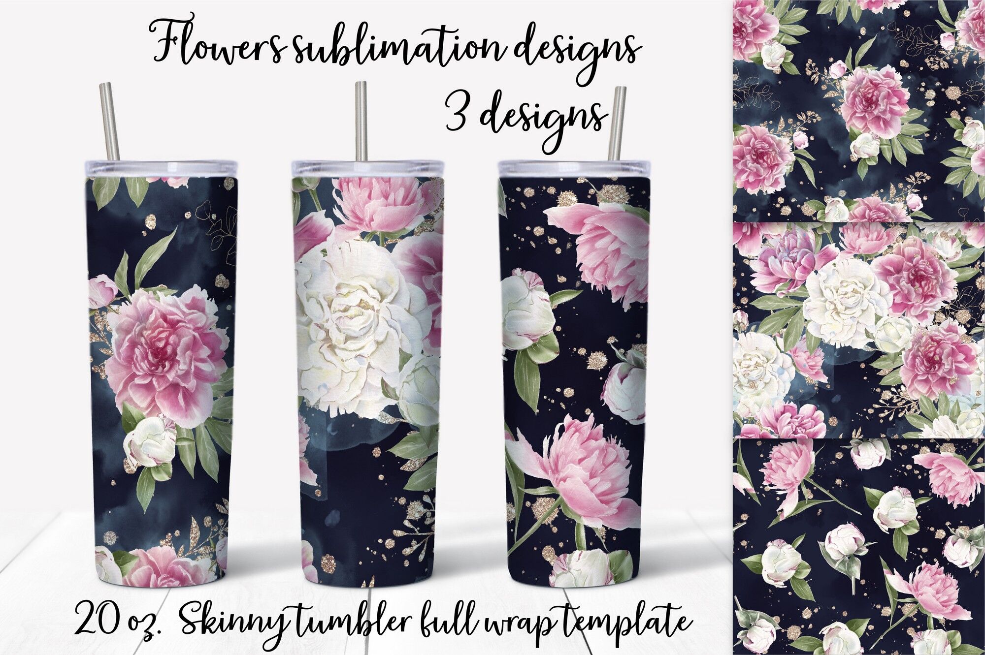 Pink and White Roses Sublimation 20 oz Skinny Tumbler Design Pack