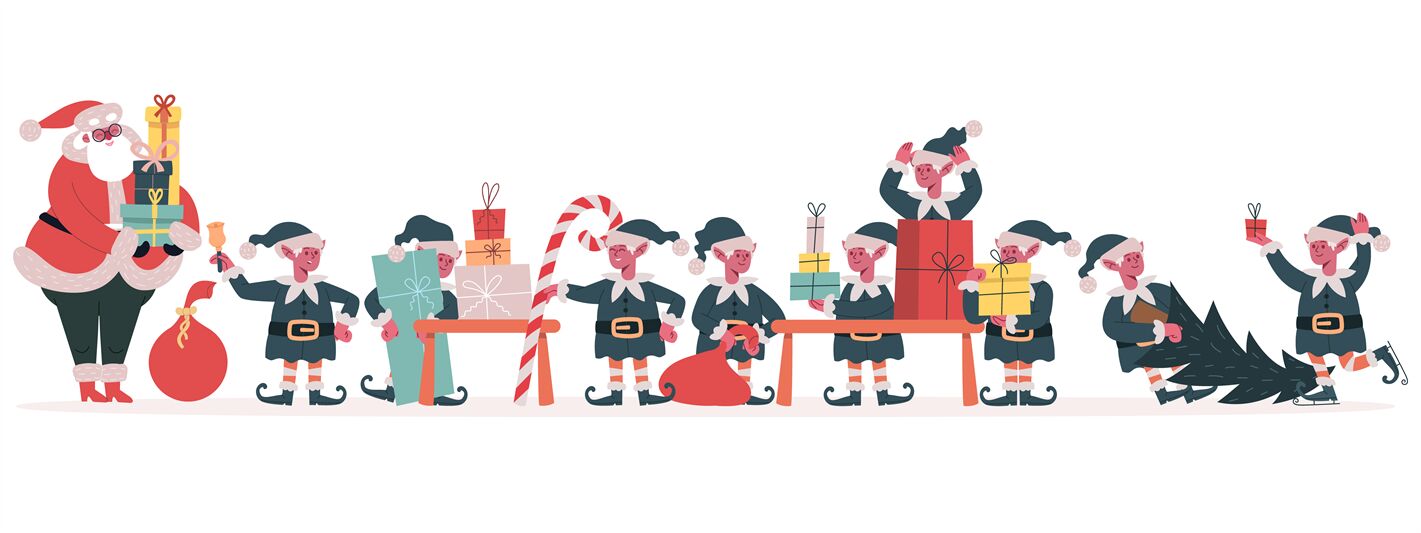 Christmas elves factory. Santa Claus and elves pack holiday gifts, San By WinWin_artlab