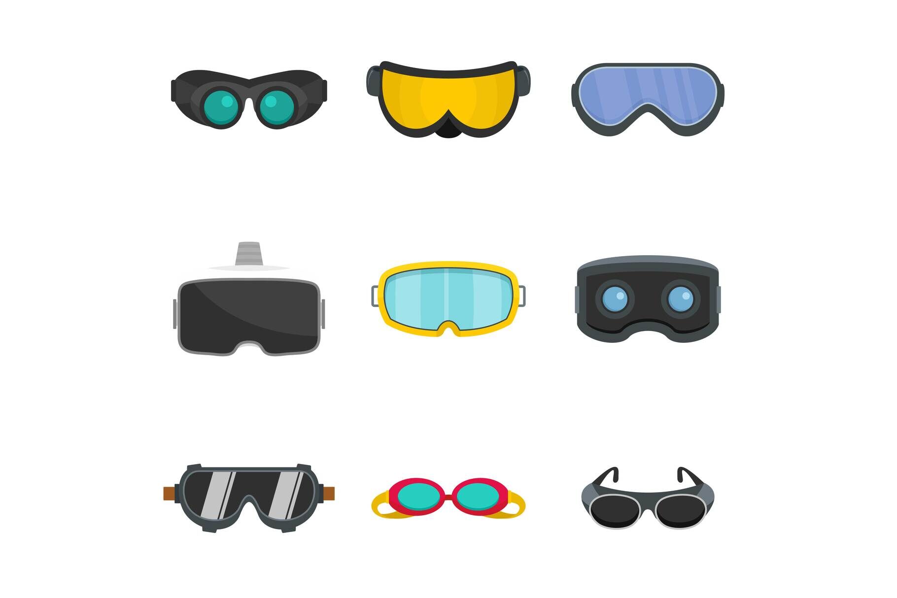 Goggles Ski Glass Mask Icons Set Flat Style Stock Illustration - Download  Image Now - Ski Goggles, Protective Eyewear, Swimming Goggles - iStock