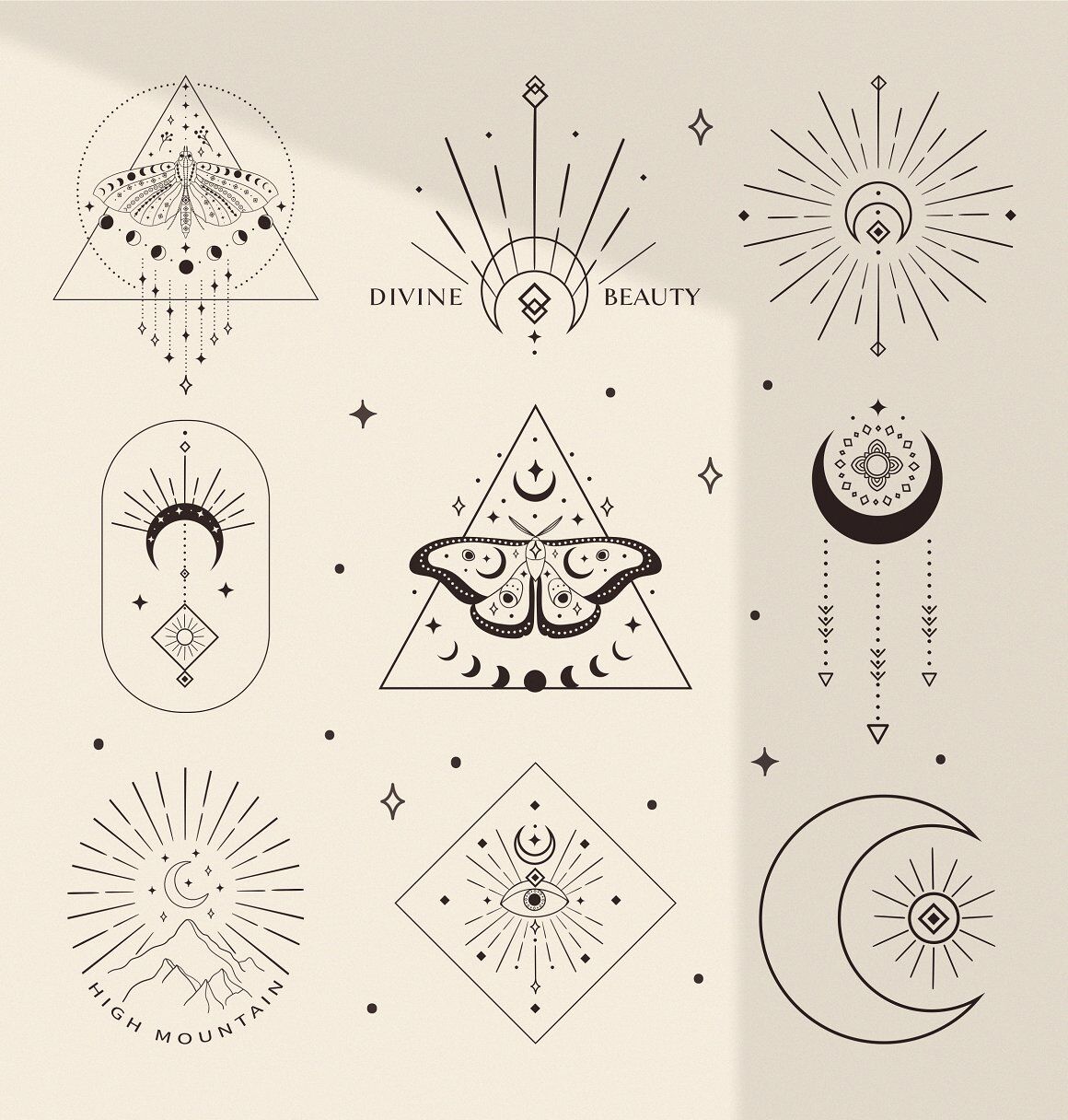 Divine Beauty Pre-Made Logo Designs. Esoteric mystic symbols. Tattoo. By O l y a
