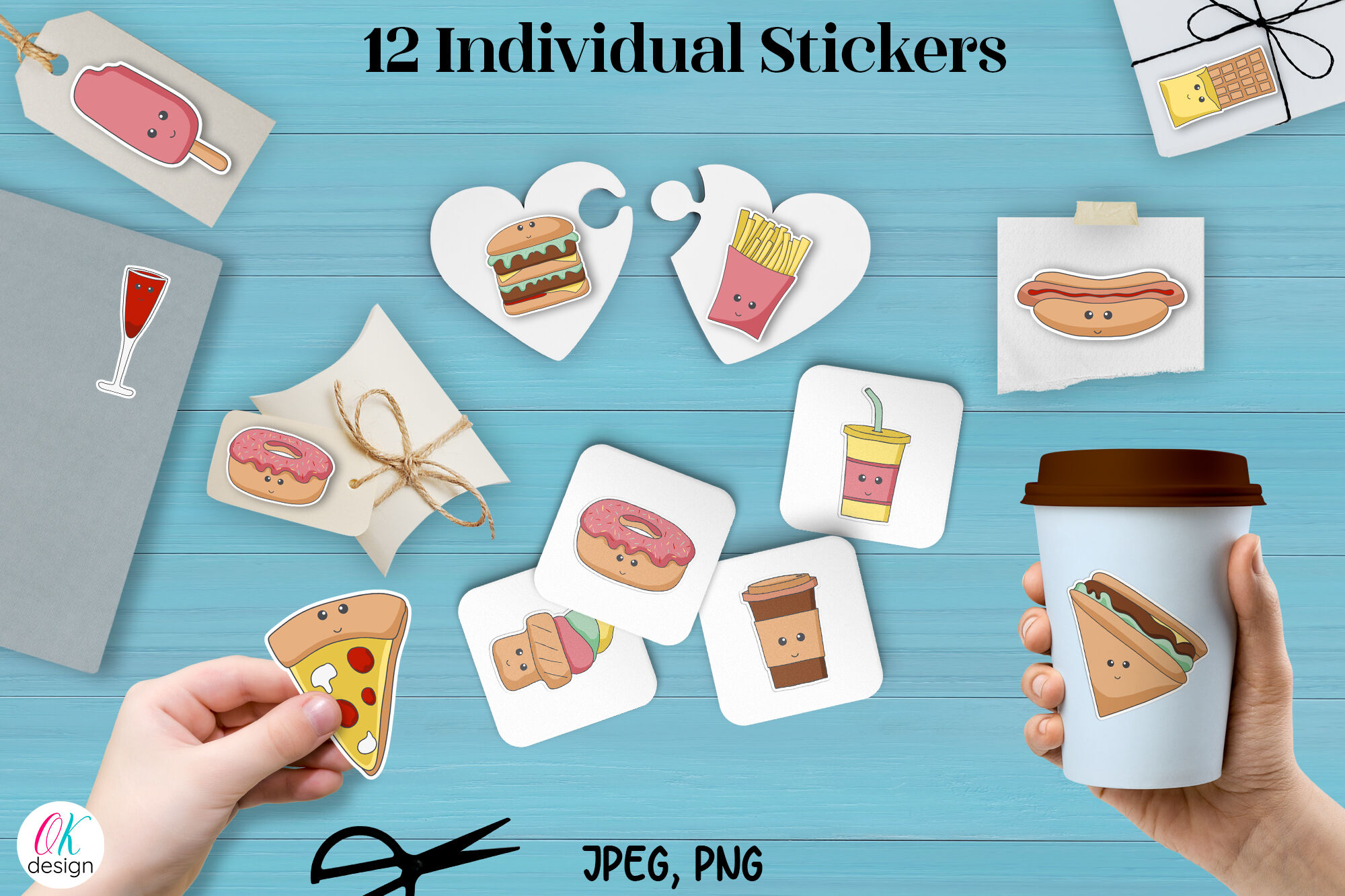 Kawaii food Printable Stickers. 12 cute food stickers. JPEG. PDF