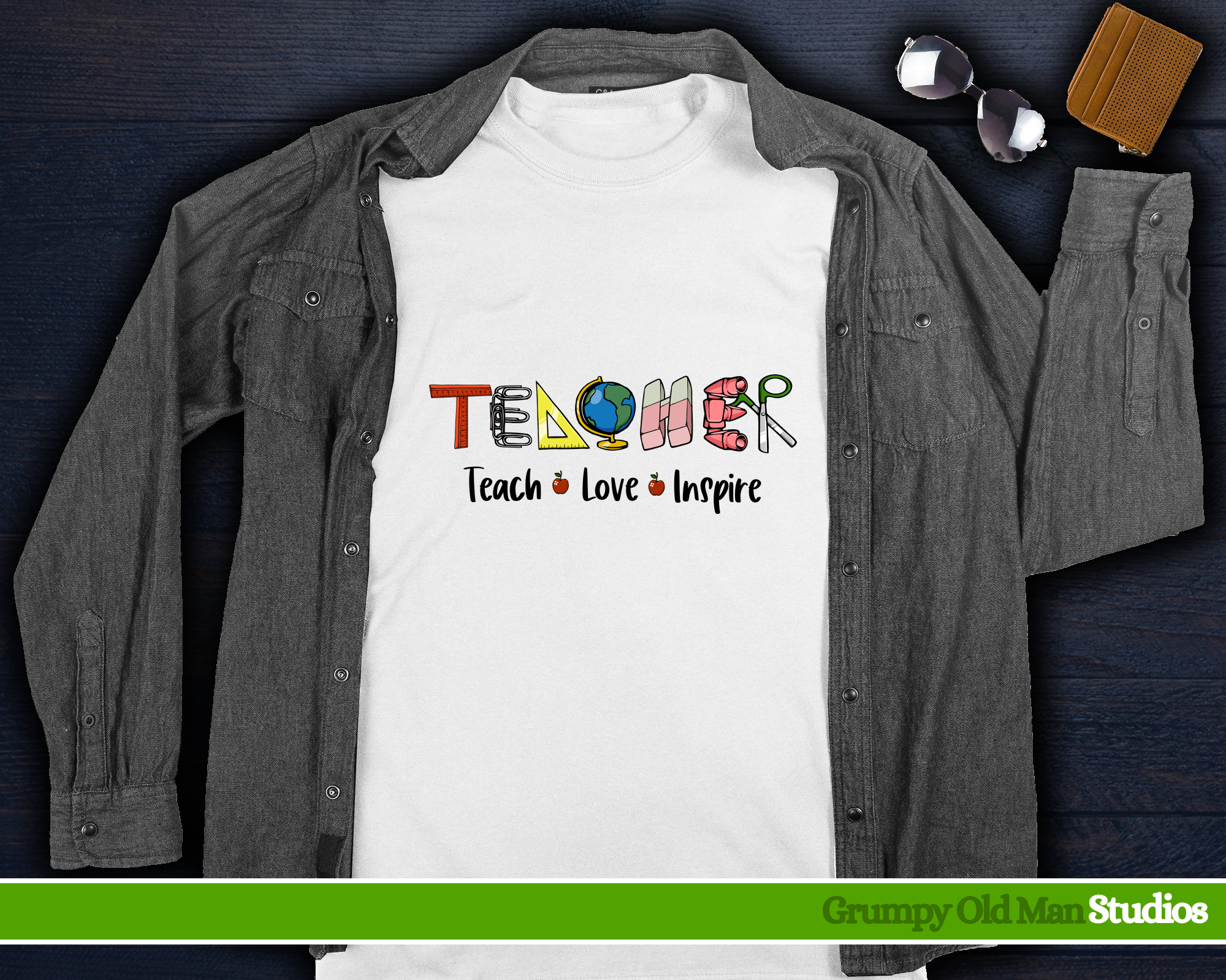 teacher, love teach inspire, school supplies By Grumpy Old Man Studios