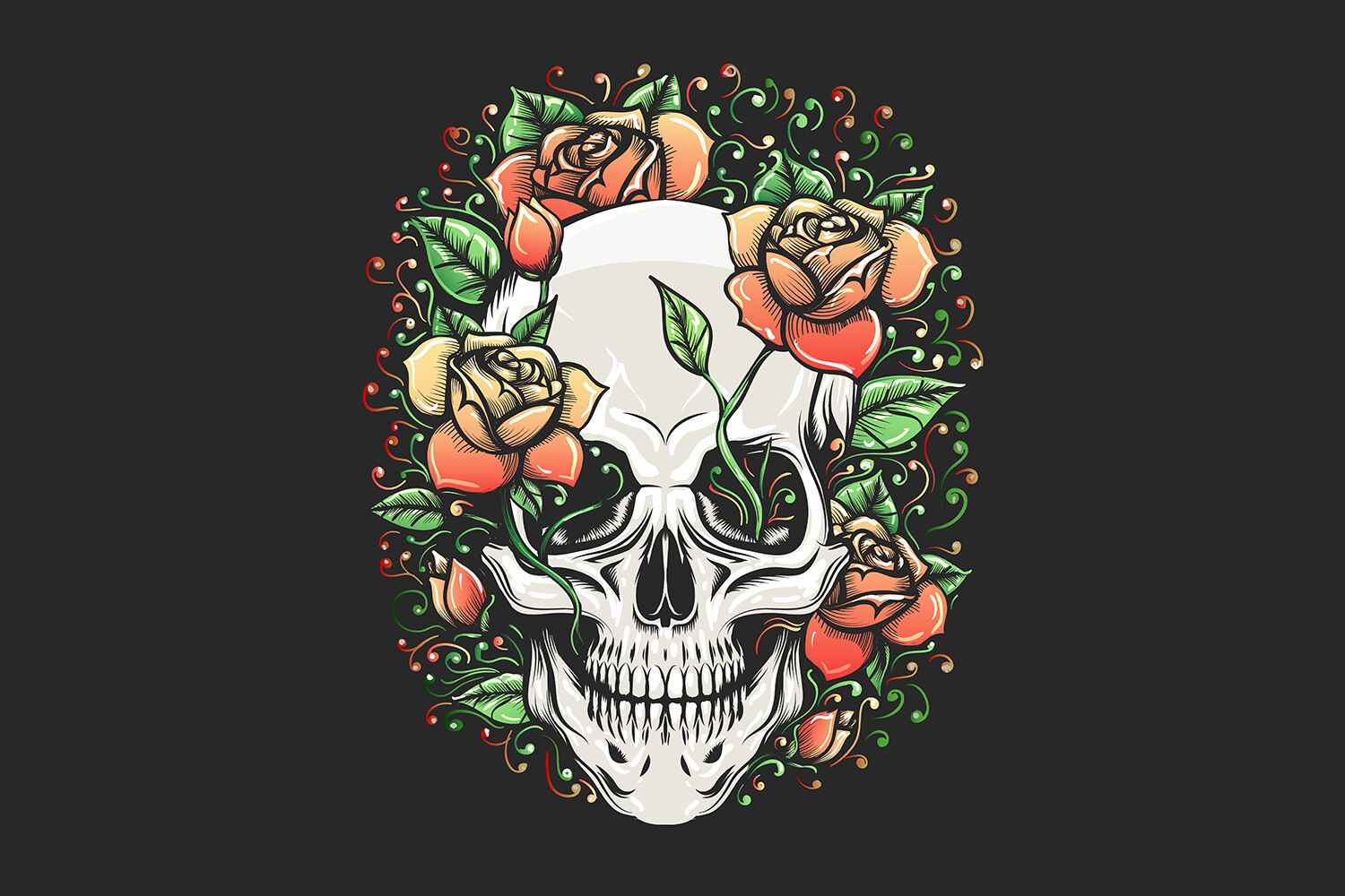 Skull with Rose Branch Tattoo By Olena1983 | TheHungryJPEG