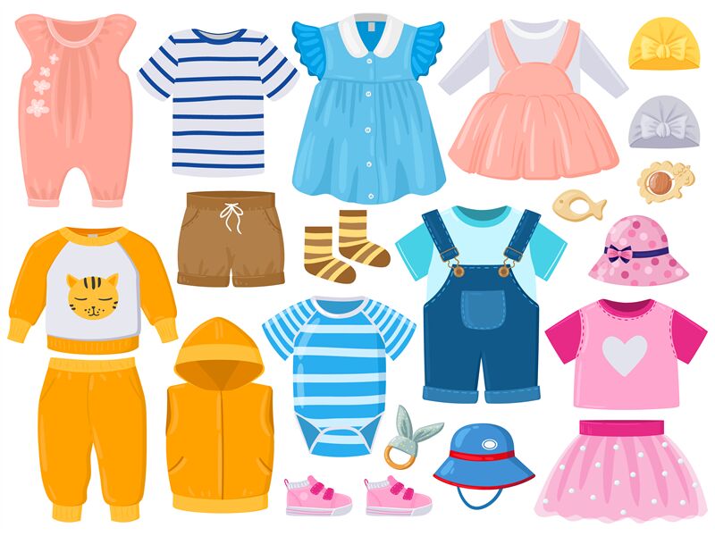 Cartoon baby kids girl and boy clothes, hats, shoes. Childrens fashion By  WinWin_artlab | TheHungryJPEG